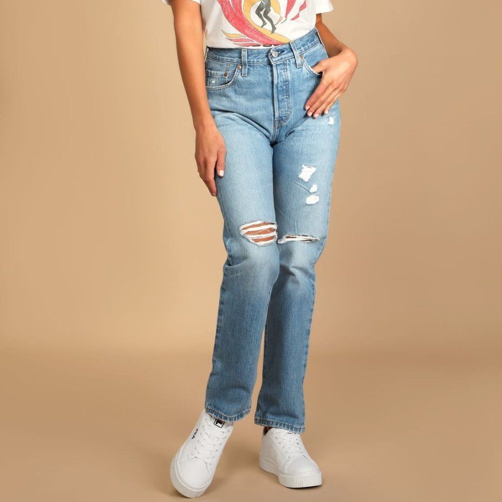 Levi's 501 Original Fit Distressed Medium Wash High-Rise Jeans - Size 26